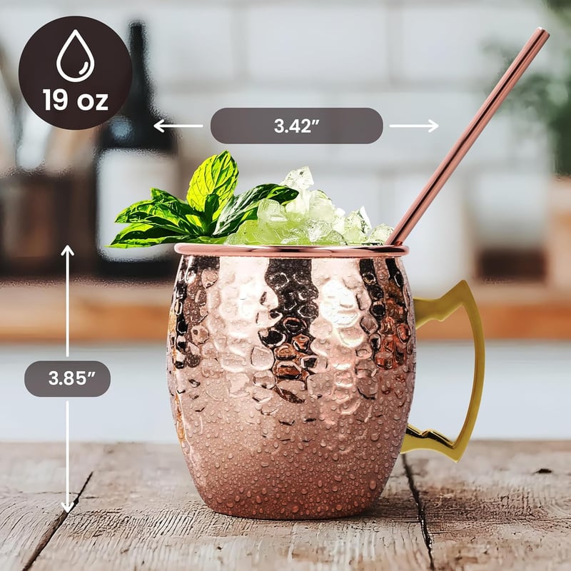 16oz Hammered Copper Moscow Mule Mugs Set of 4 with Straws