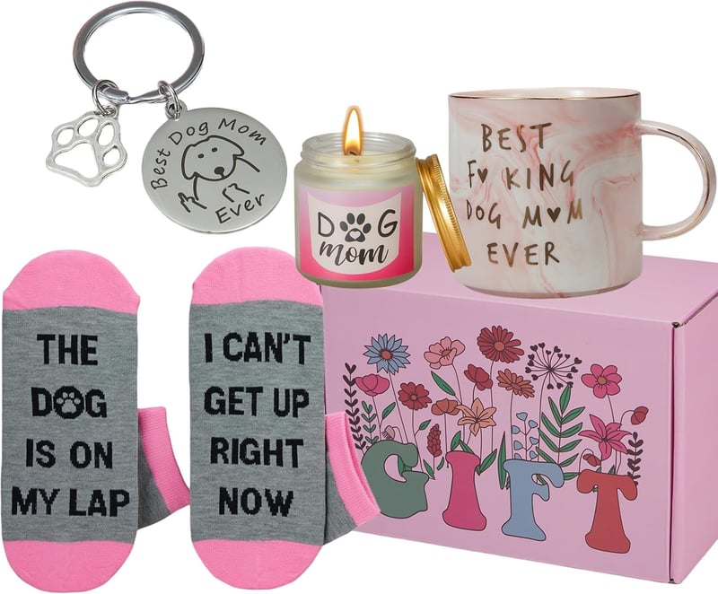 Dog Mom Gift Set with Coffee Cup, Candle, Socks, Keychain