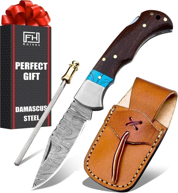 Damascus Steel Folding Pocket Knife for Men - Handmade Outdoor Tool