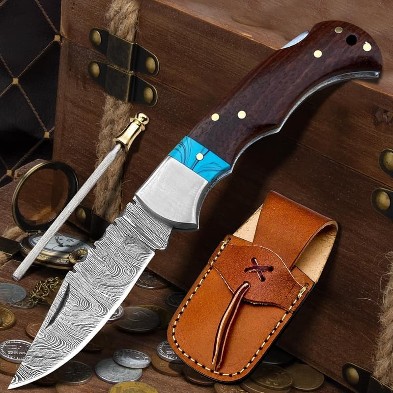 Damascus Steel Folding Pocket Knife for Men - Handmade Outdoor Tool