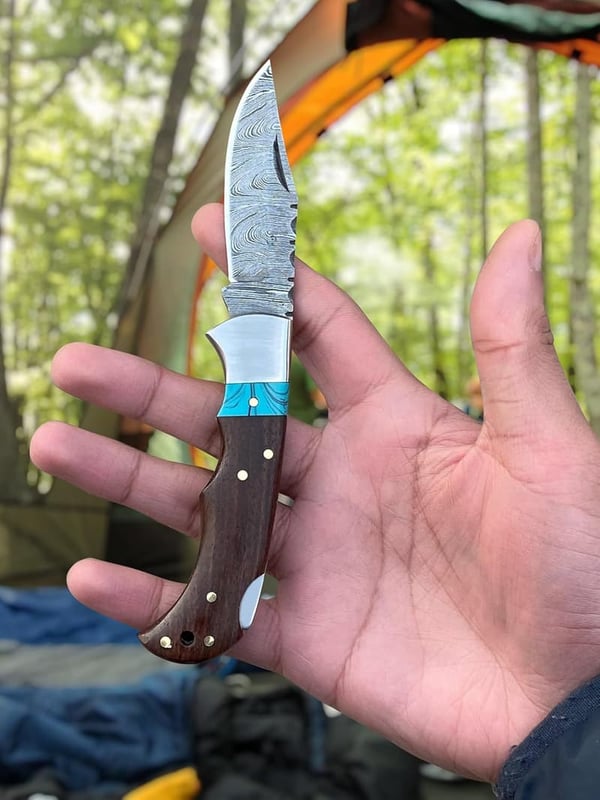 Damascus Steel Folding Pocket Knife for Men - Handmade Outdoor Tool