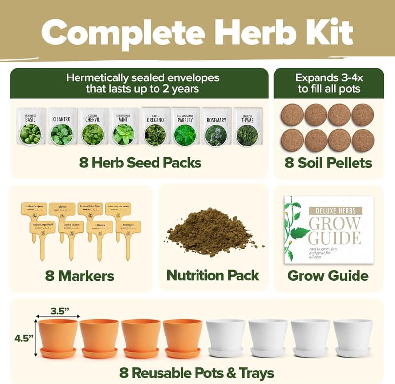 Deluxe 8 Herb Seeds Garden Kit – Indoor Planter Gift Set