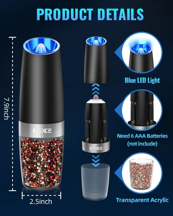 Electric Pepper & Salt Grinder Set - Adjustable Coarseness, LED Light, 2 Pack