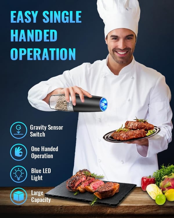 Electric Pepper & Salt Grinder Set - Adjustable Coarseness, LED Light, 2 Pack