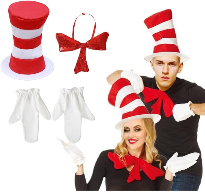 Cat in the Hat Costume Set with Top Hat, Gloves & Bowknot