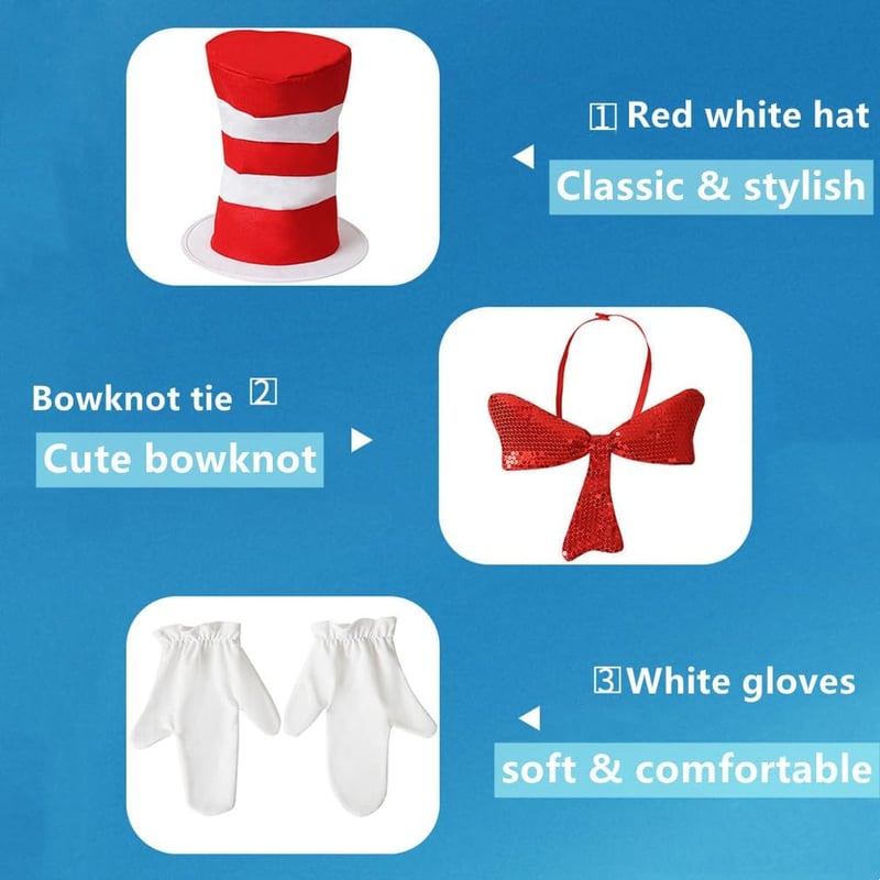 Cat in the Hat Costume Set with Top Hat, Gloves & Bowknot