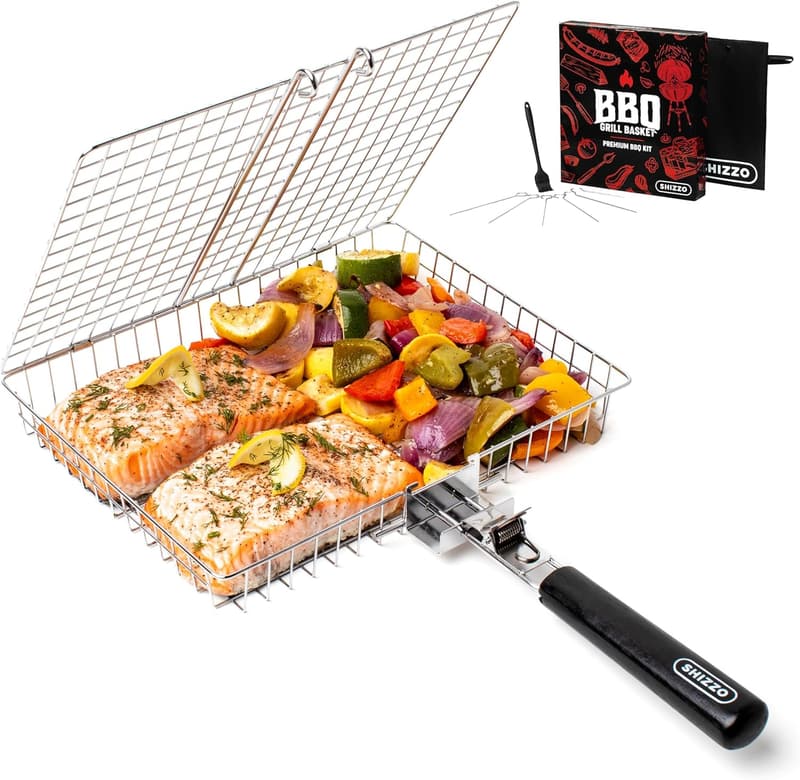 Large Stainless Steel Grill Basket for Outdoor Cooking & BBQ