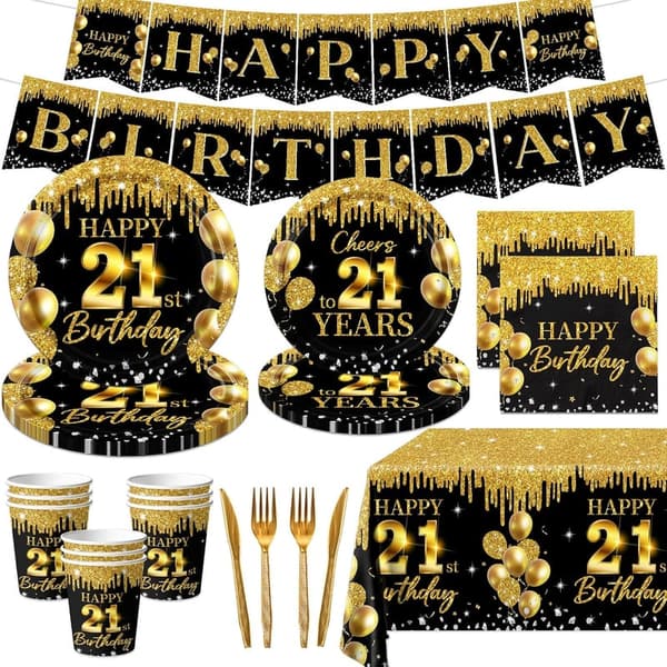 21st Birthday Party Decorations Set - Black and Gold, 142 Pcs