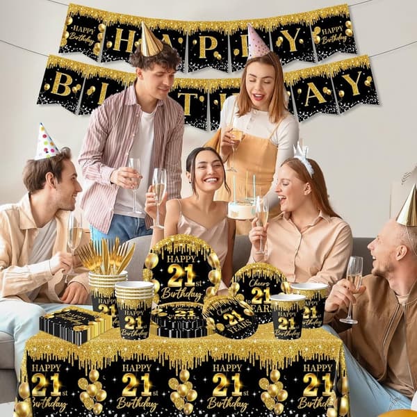 21st Birthday Party Decorations Set - Black and Gold, 142 Pcs