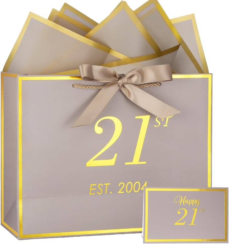 21st Birthday Gift Bag with Card & Tissue Paper - Khaki Gold