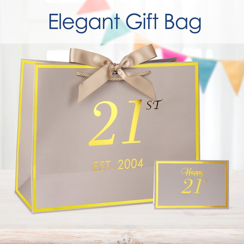 21st Birthday Gift Bag with Card & Tissue Paper - Khaki Gold