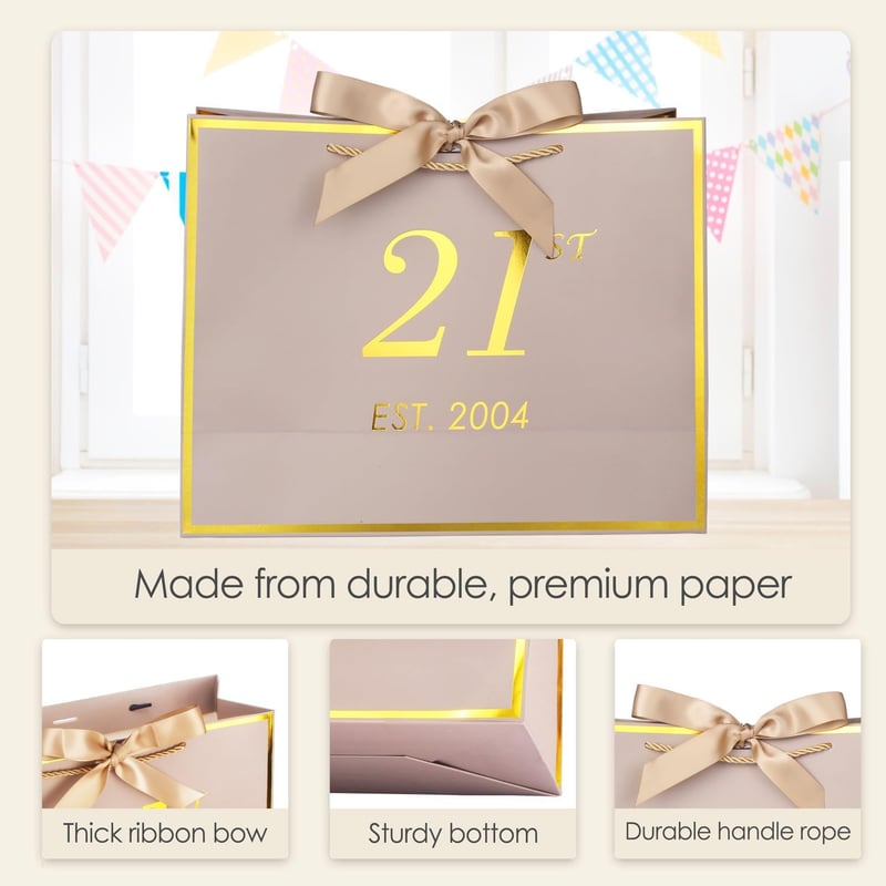 21st Birthday Gift Bag with Card & Tissue Paper - Khaki Gold