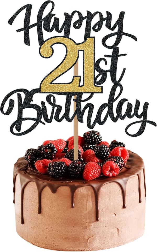 21st Birthday Cake Topper - Black and Gold Glitter