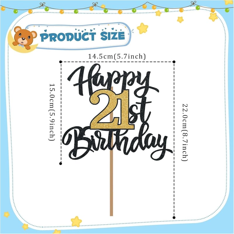 21st Birthday Cake Topper - Black and Gold Glitter