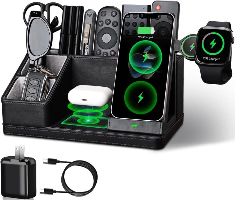 Leather Desk Organizer with Charging Station - Birthday Gift for Men
