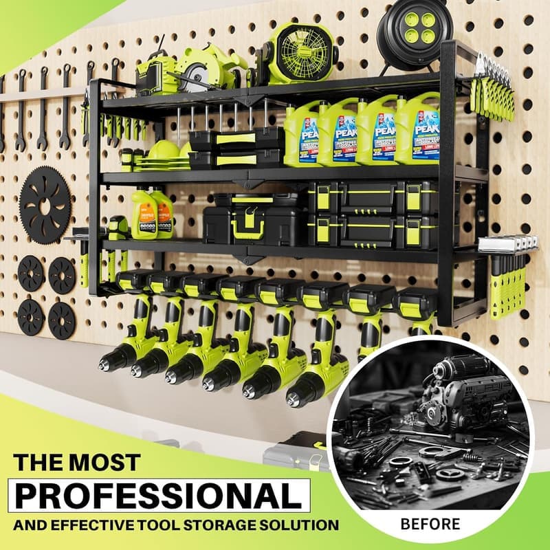 Garage Power Tool Organizer Wall Mount with 8 Drill Holders