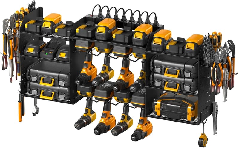 Wall-Mounted Power Tool Organizer with Charging Station and Pegboard