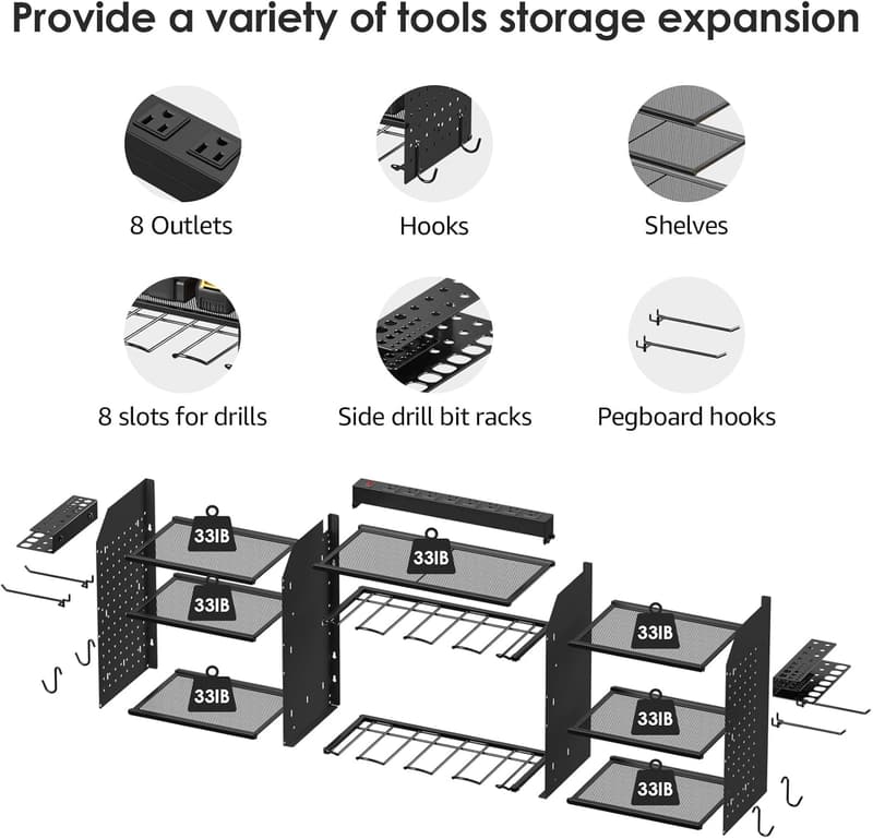 Wall-Mounted Power Tool Organizer with Charging Station and Pegboard