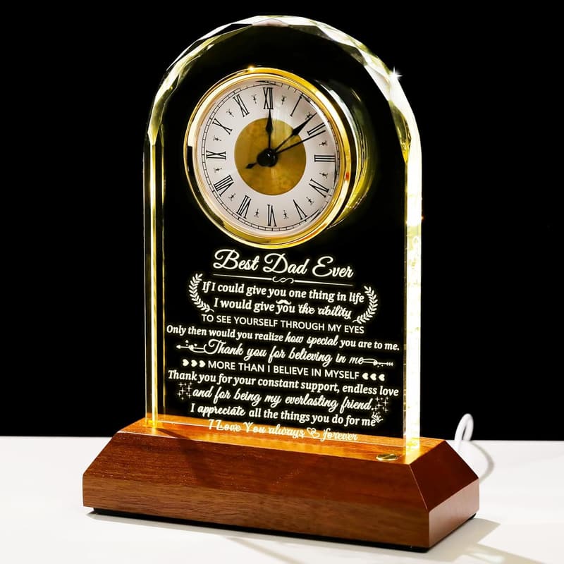 Personalized Glass Clock with Wooden Base for Dad's Birthday