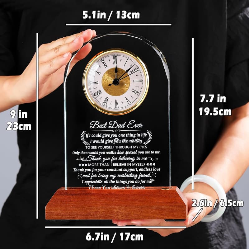 Personalized Glass Clock with Wooden Base for Dad's Birthday
