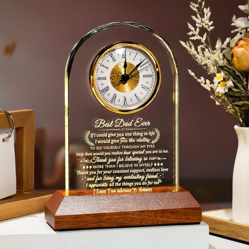 Personalized Glass Clock with Wooden Base for Dad's Birthday