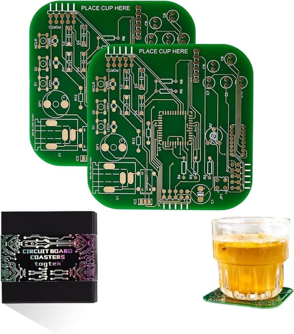 PCB-Design Green Coasters with Gold Circuit Board - Tech Gifts for Men