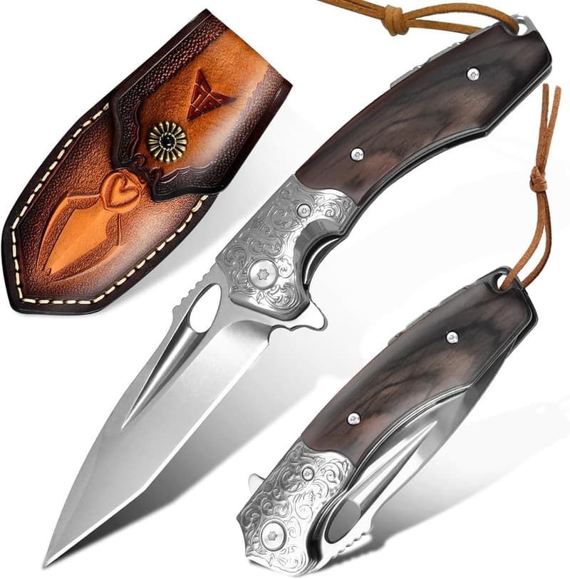 Eagle M390 Folding Hunting Knife with Sheath and Wood Handle