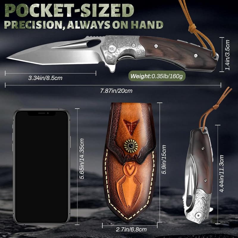 Eagle M390 Folding Hunting Knife with Sheath and Wood Handle