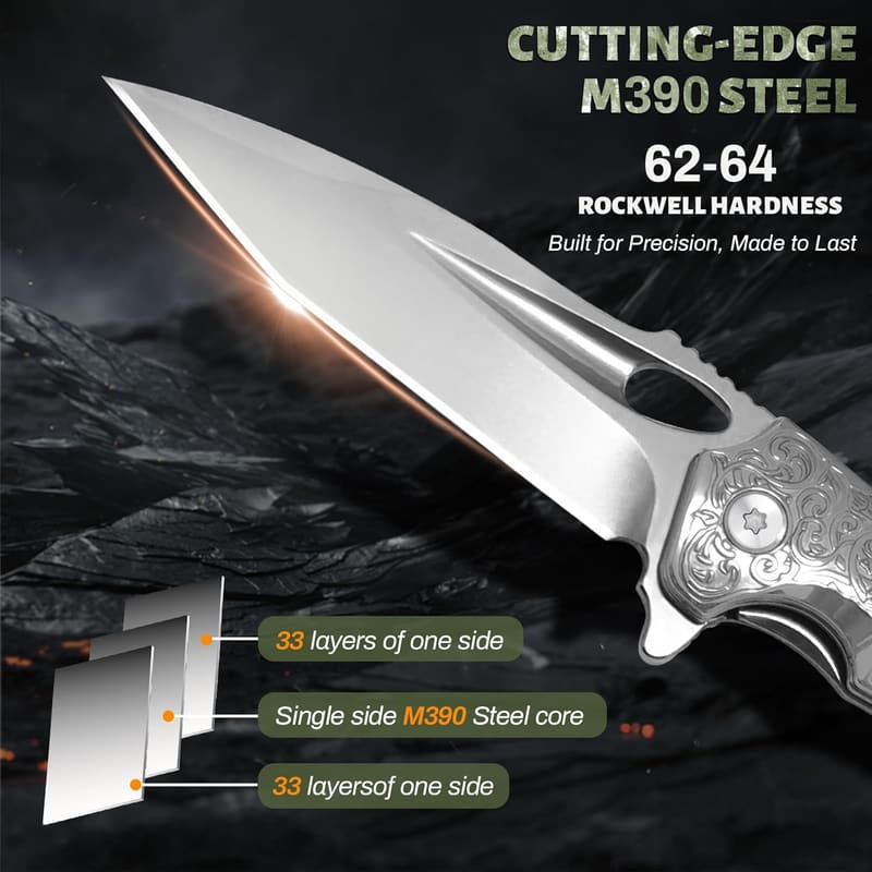 Eagle M390 Folding Hunting Knife with Sheath and Wood Handle