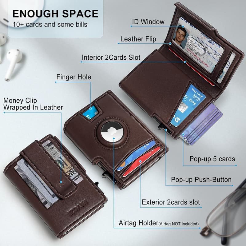 Men's RFID Blocking Airtag Wallet with Money Clip and Gift Box