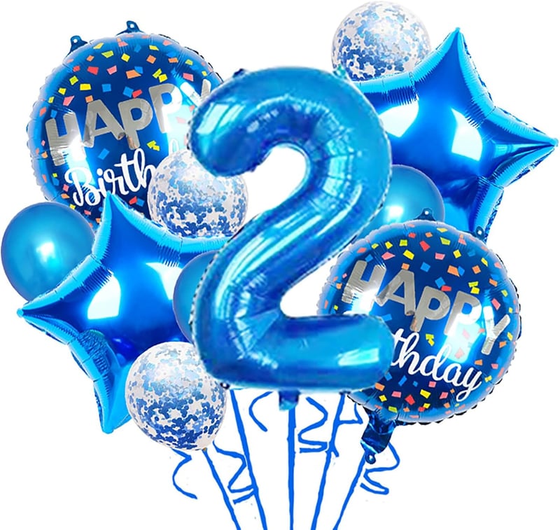 2nd Birthday Foil Balloons Set, 11 pcs Blue Celebration Decorations
