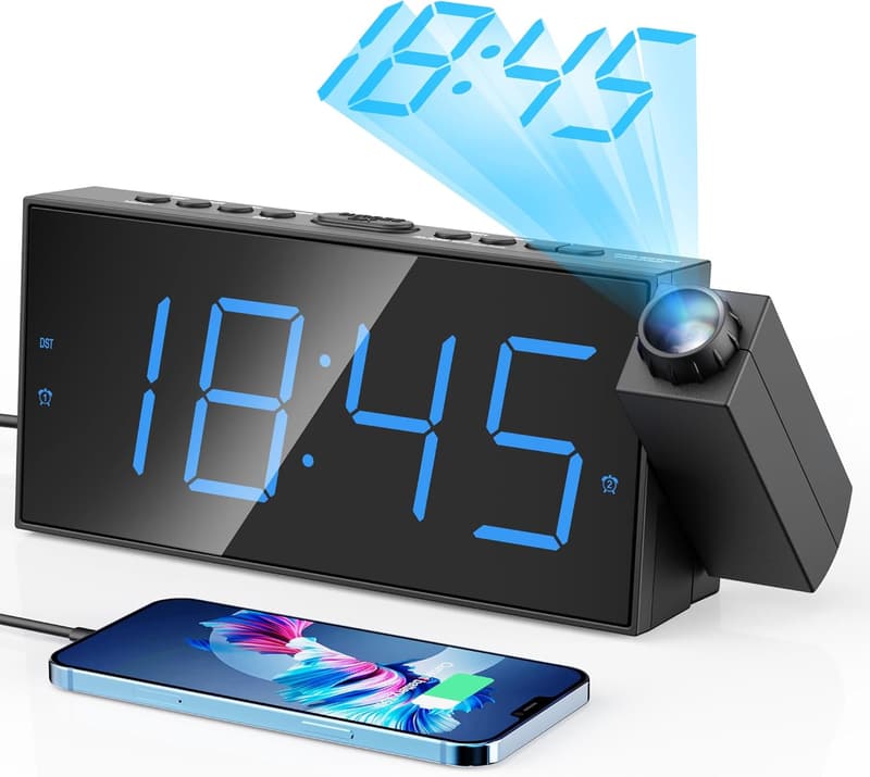 Large LED Projection Alarm Clock with USB Charger & Dual Alarms