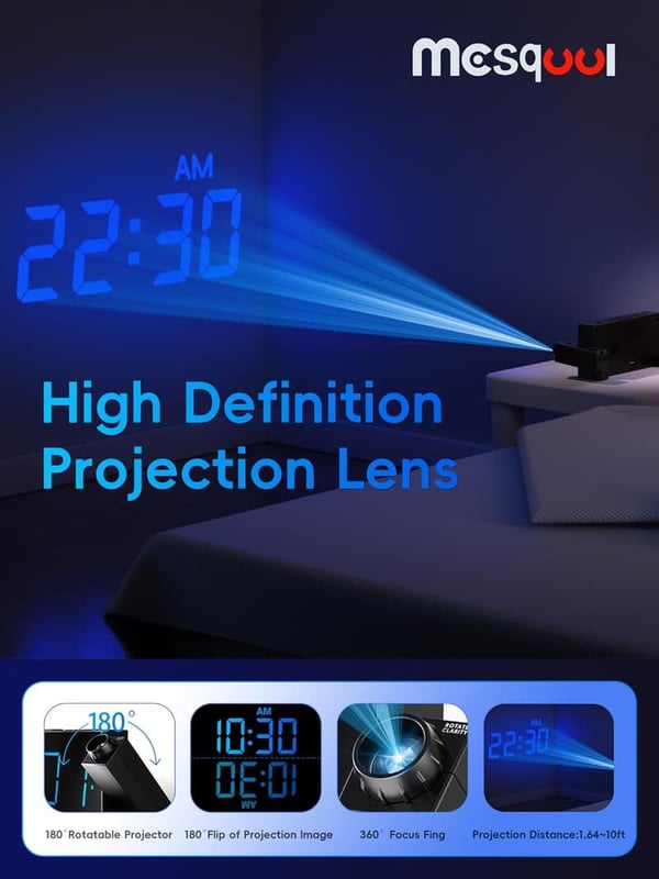 Large LED Projection Alarm Clock with USB Charger & Dual Alarms