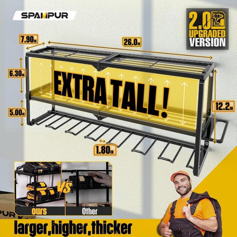 Tool Organizer with Charging Station - Heavy Duty Wall Mount Rack
