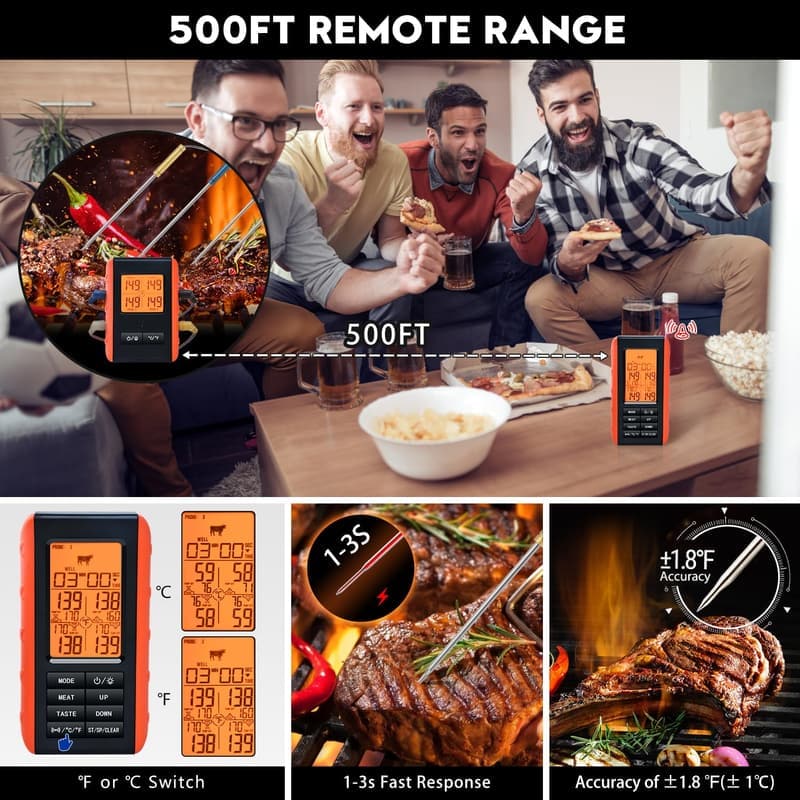 Wireless Meat Thermometer with 4 Probes for Grilling and Smoking