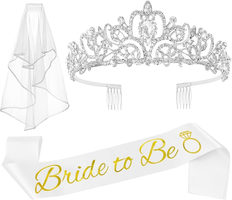 Bachelorette Party Crown Set with Sash & Veil for Bride-to-Be