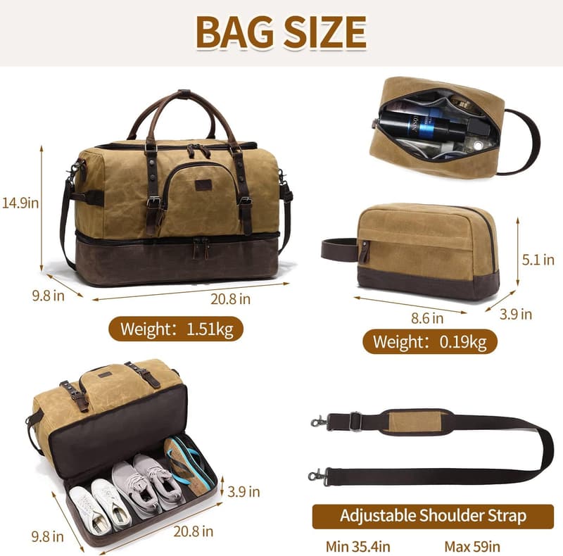 Men's Canvas Leather Weekender Bag with Shoe Compartment