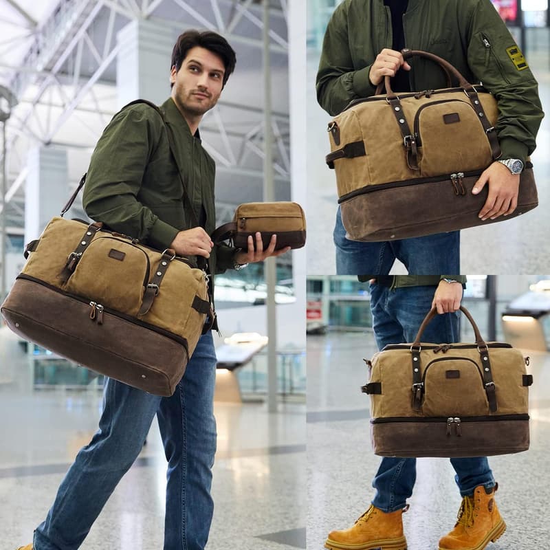 Men's Canvas Leather Weekender Bag with Shoe Compartment
