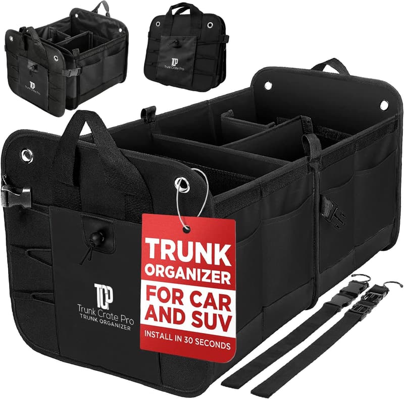 Large Adjustable Car Trunk Organizer with Securing Straps - Black