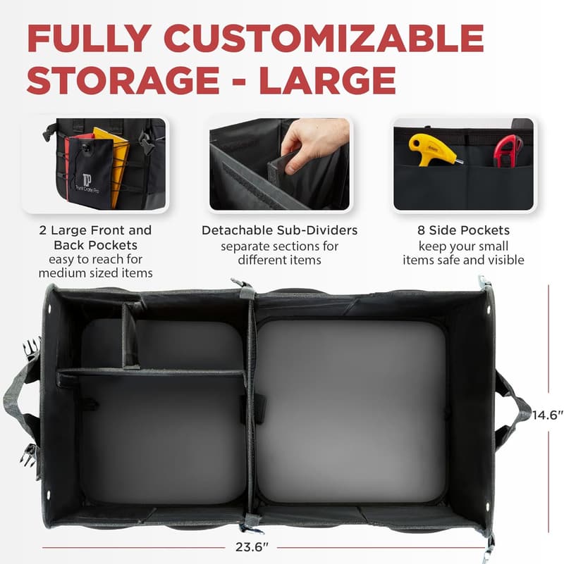 Large Adjustable Car Trunk Organizer with Securing Straps - Black