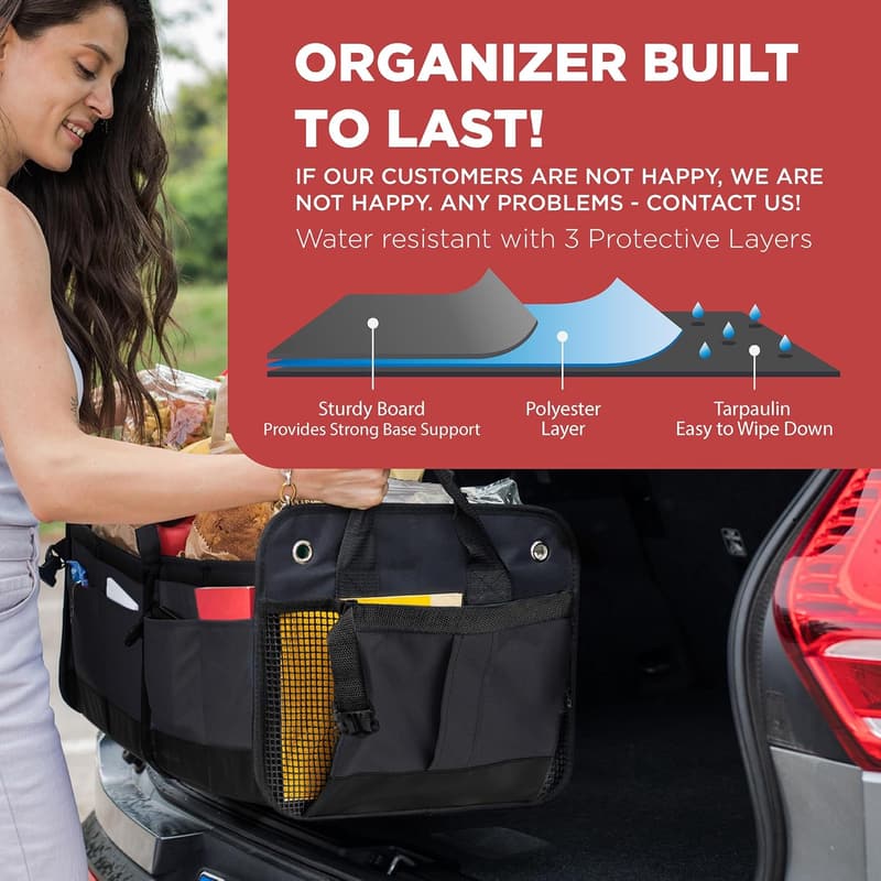 Large Adjustable Car Trunk Organizer with Securing Straps - Black