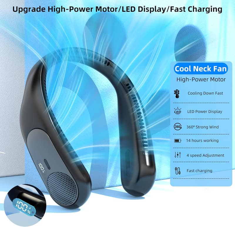 Wearable 360° Bladeless Neck Fan with LED Display - Black