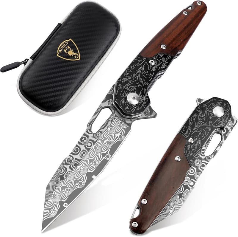 Damascus Pocket Knife for Men, Folding EDC with Wooden Handle