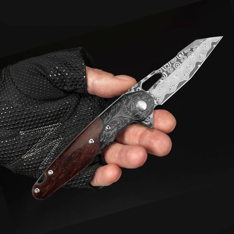 Damascus Pocket Knife for Men, Folding EDC with Wooden Handle