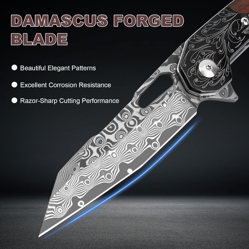 Damascus Pocket Knife for Men, Folding EDC with Wooden Handle