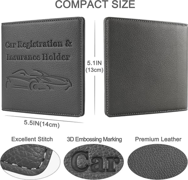 Premium PU Leather Car Registration & Insurance Holder Wallet - Grey