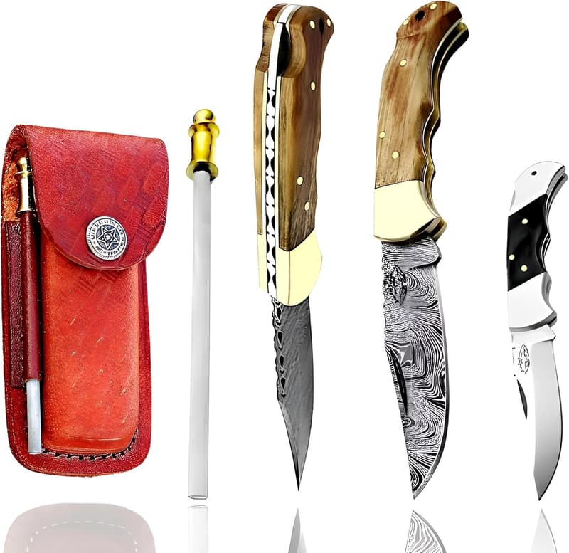 Damascus Pocket Folding Knife with Olive Wood Handle - Outdoor & Everyday Use