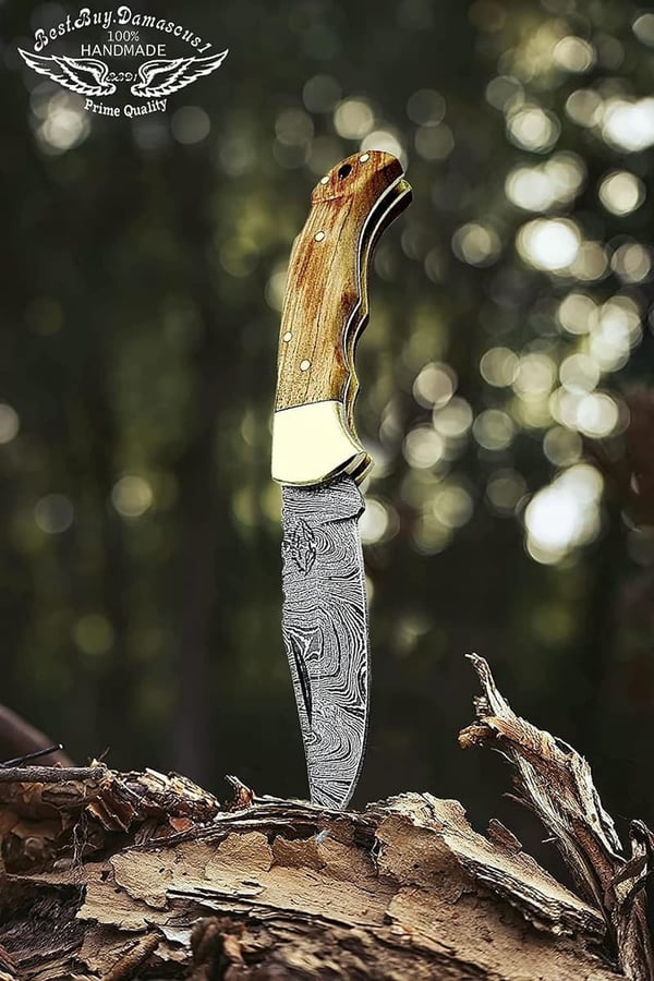 Damascus Pocket Folding Knife with Olive Wood Handle - Outdoor & Everyday Use