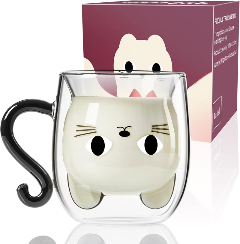 Cute Cat Mug - Double Wall Glass, 8.5 oz, Cat Lover Gift