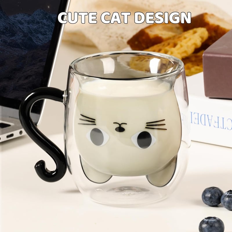 Cute Cat Mug - Double Wall Glass, 8.5 oz, Cat Lover Gift